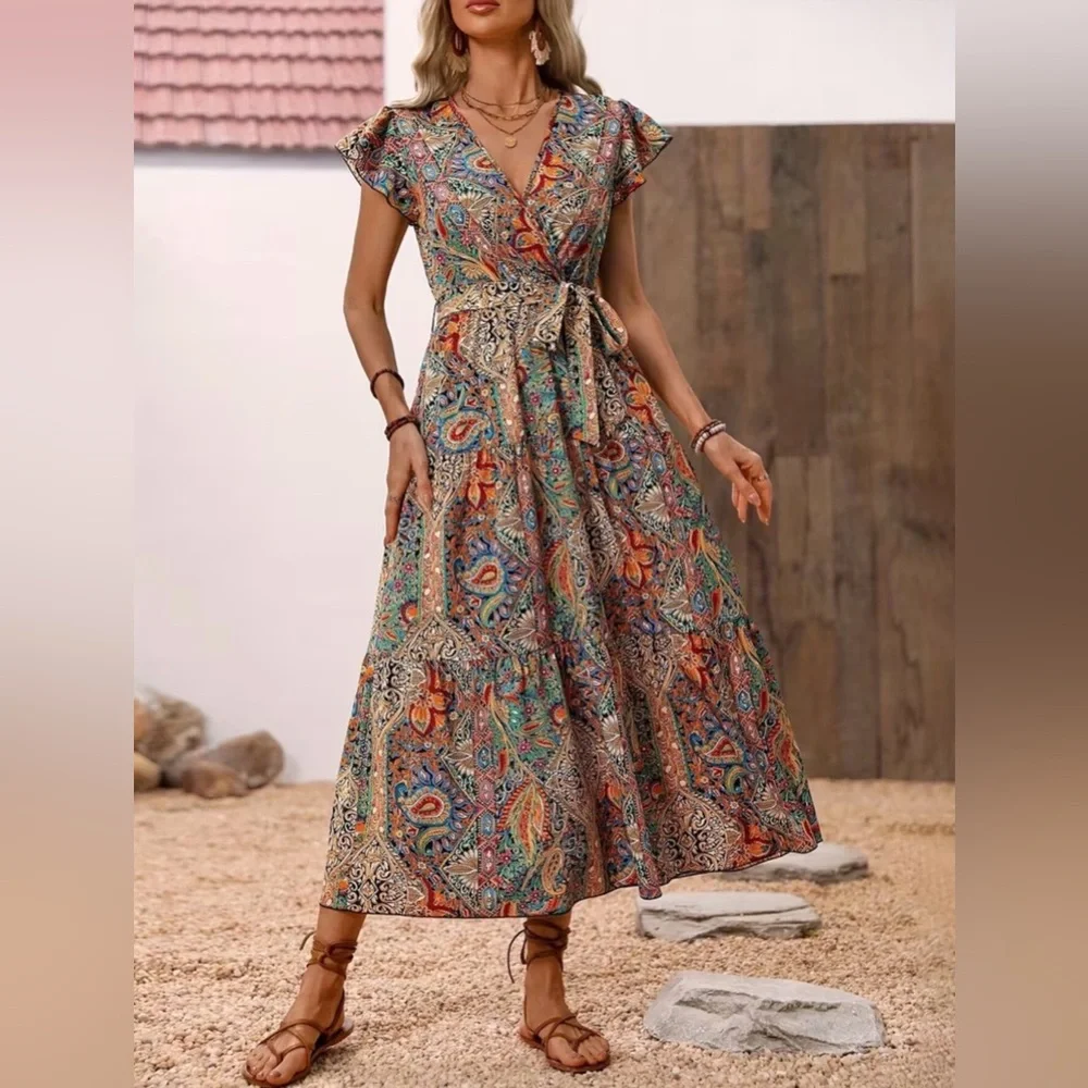 Floral Boho Faux V Neck Wrap Tie Midi Dress New Boutique - Picture 3 of 5